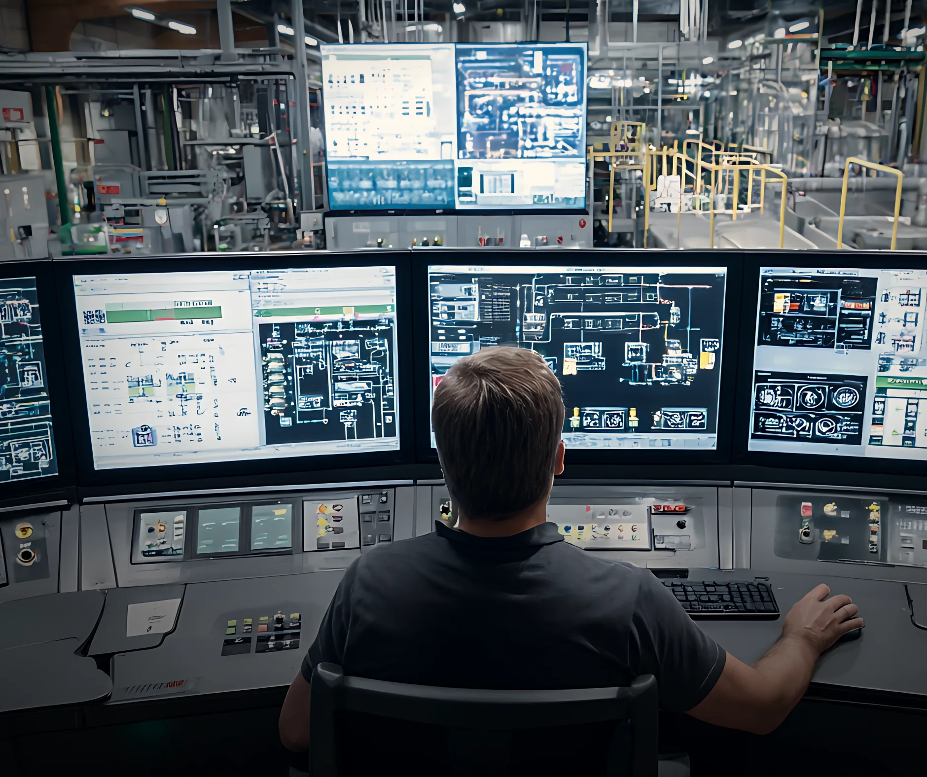 Operator monitoring an AI-automated industrial control room