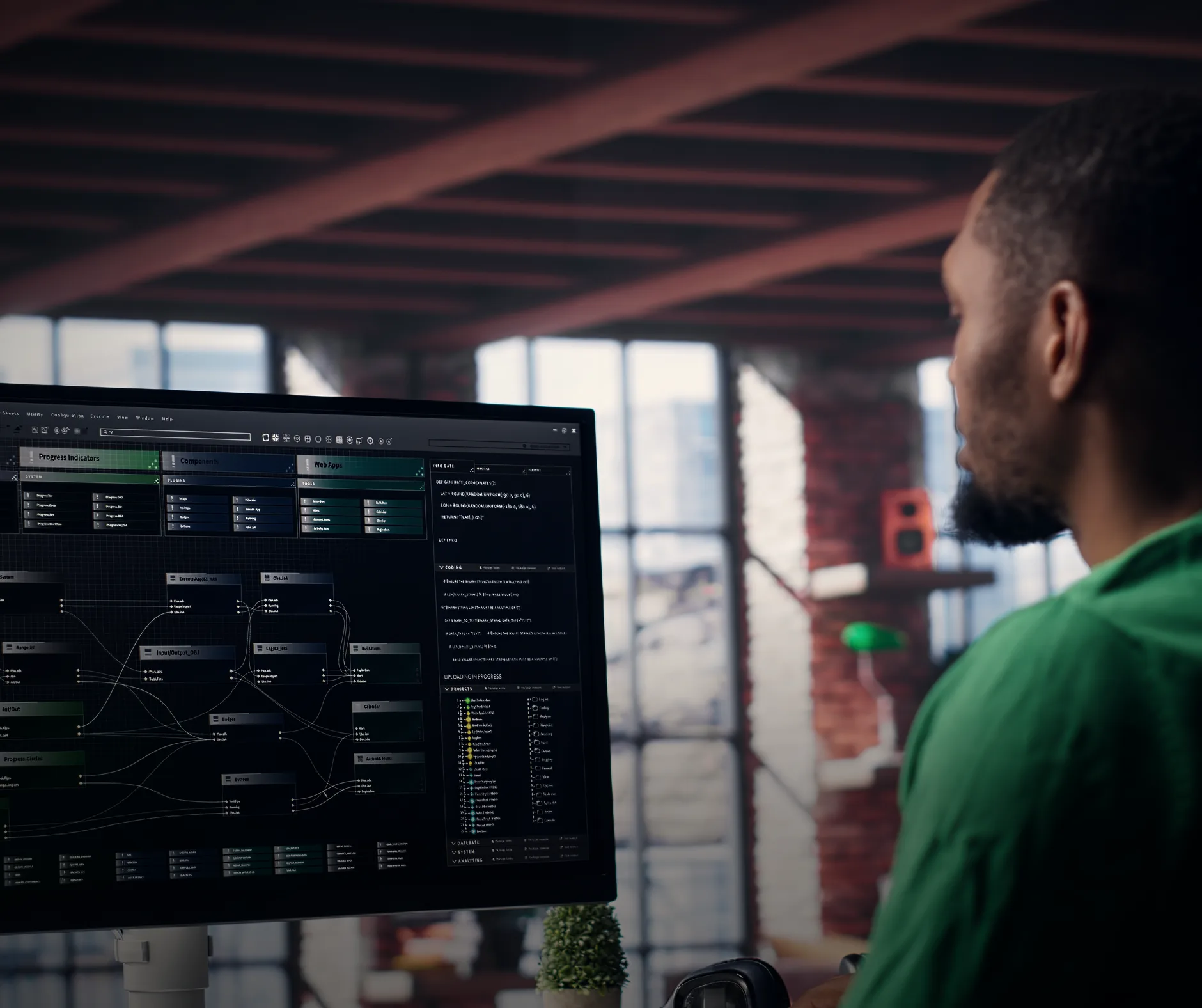 Developer building an AI agent workflow in a visual node editor
