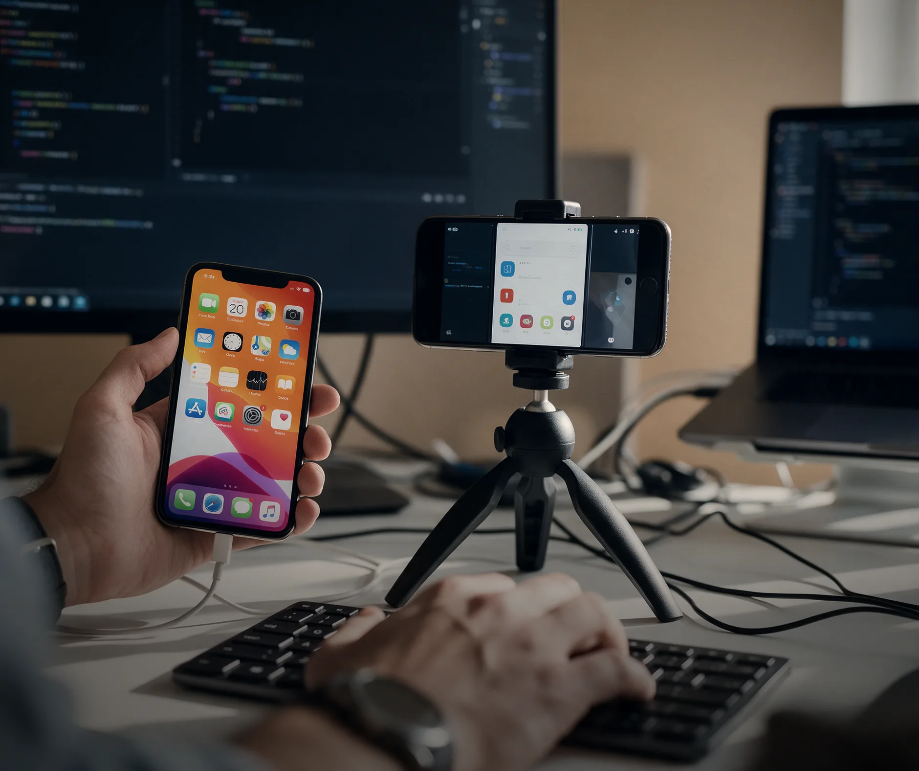 Developer testing a mobile app on smartphones with code on screen