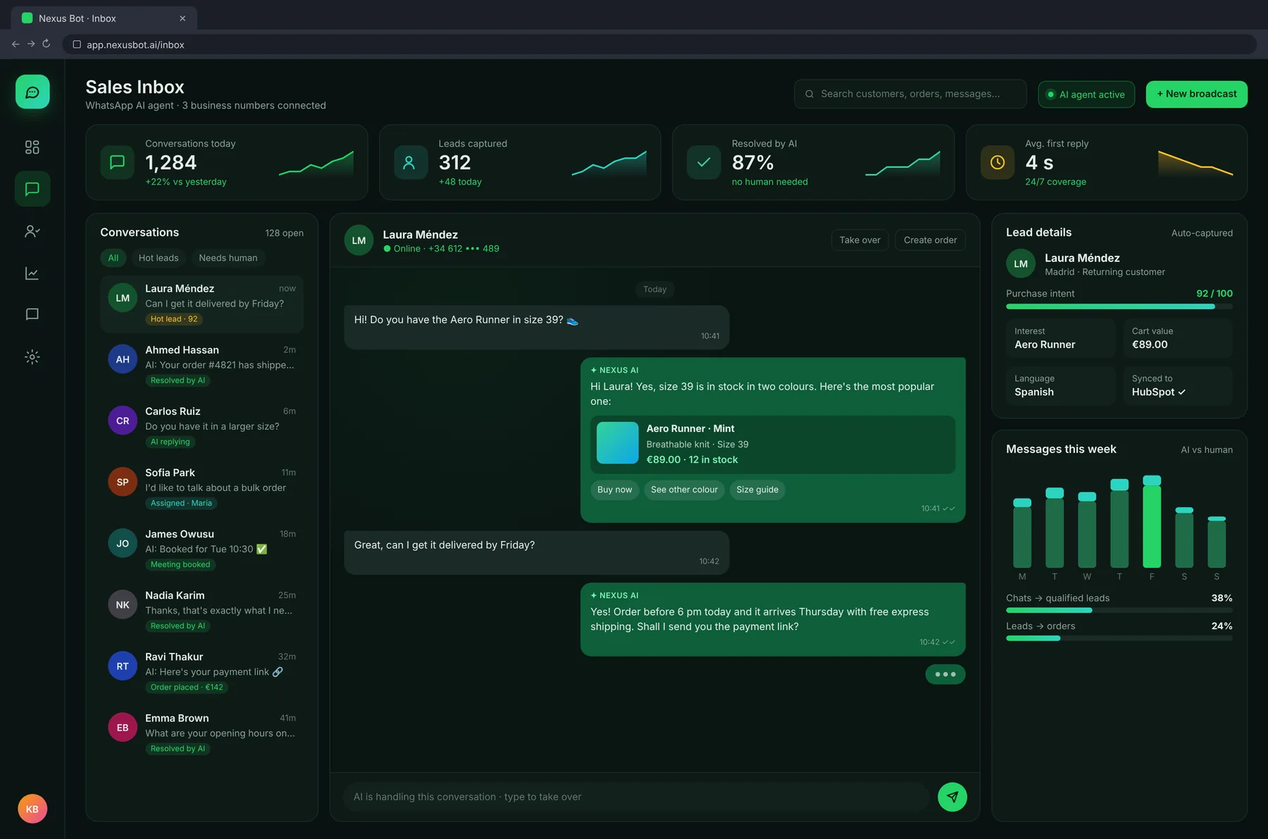 Nexus WhatsApp sales inbox handled by an AI agent